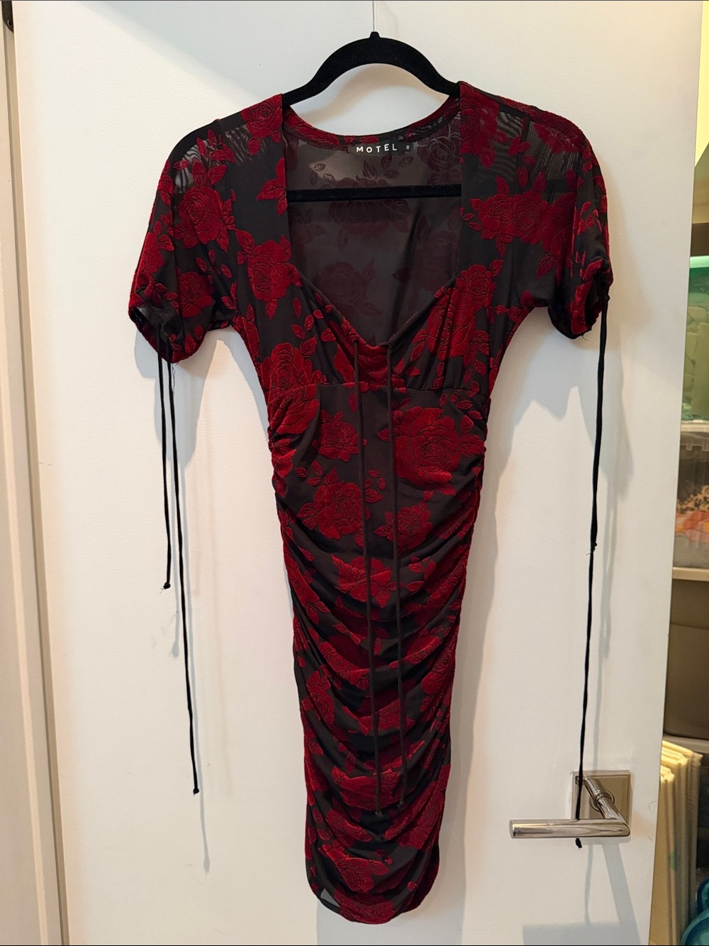 Motel Rocks Black Midi Dress with Red Floral Print and Ruched Front